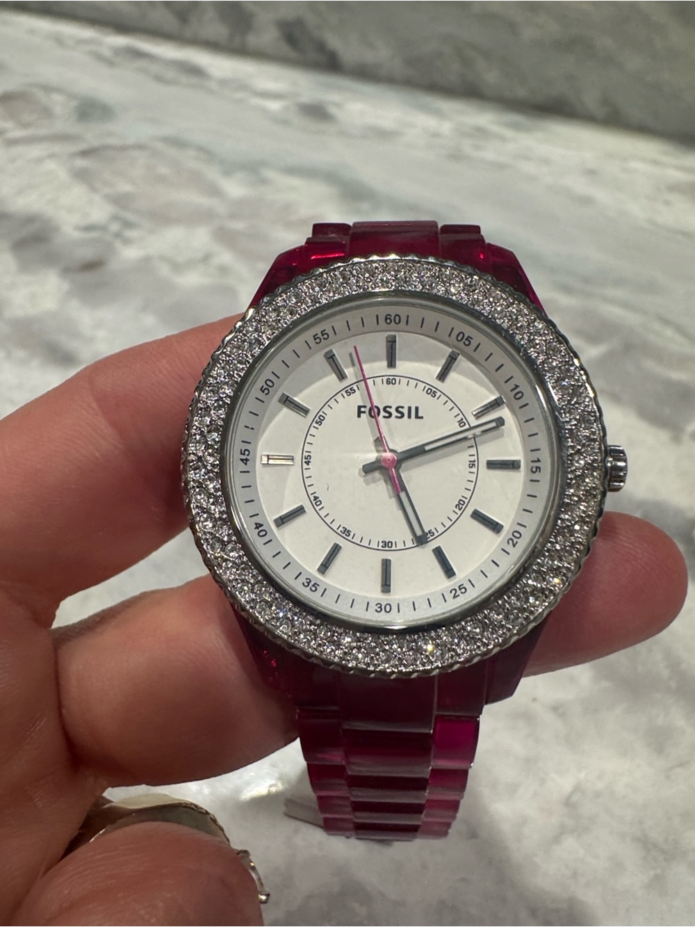 Fossil Silver Crystal-Bezel Watch with Fuchsia Pink Strap